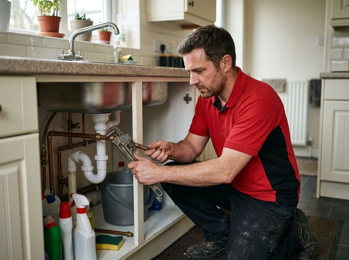Walton Plumbers engineer carrying out emergency plumbing on a burst pipe in Walton-on-Thames