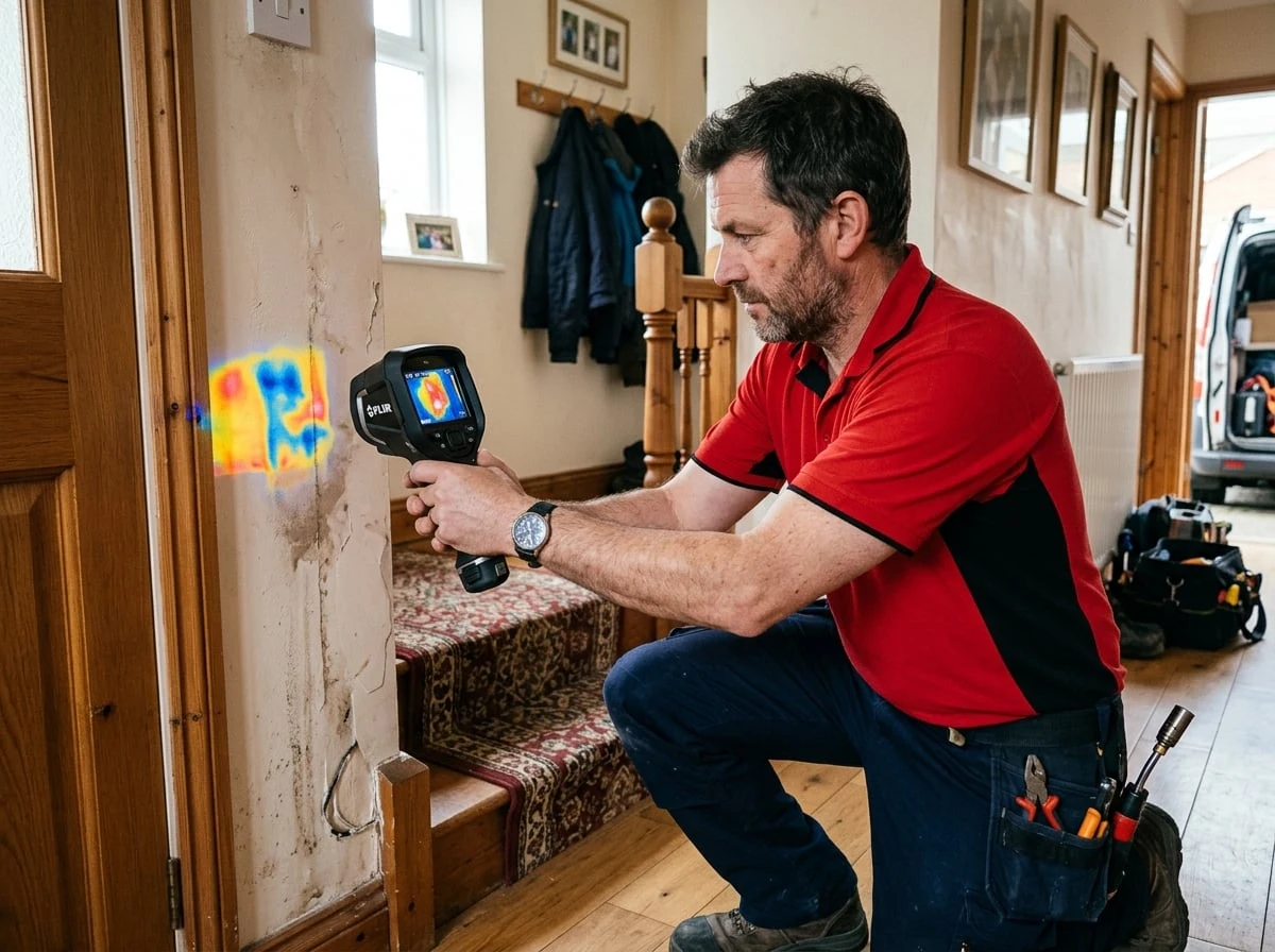 Walton Plumbers engineer using a thermal imaging camera for leak detection in Walton-on-Thames